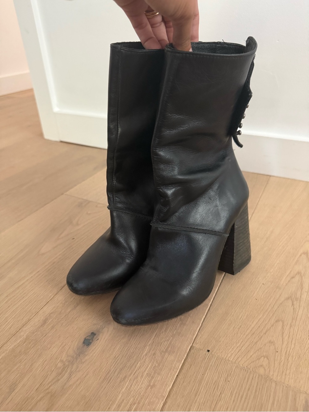 Free People Black Mid-Calf Block Heel Leather Boots